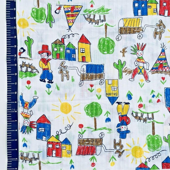 Vtg Cowboy Seersucker Plisse Fabric Cotton Blend Novelty Teepee Kid Boy 3/4yd - Picture 2 of 5